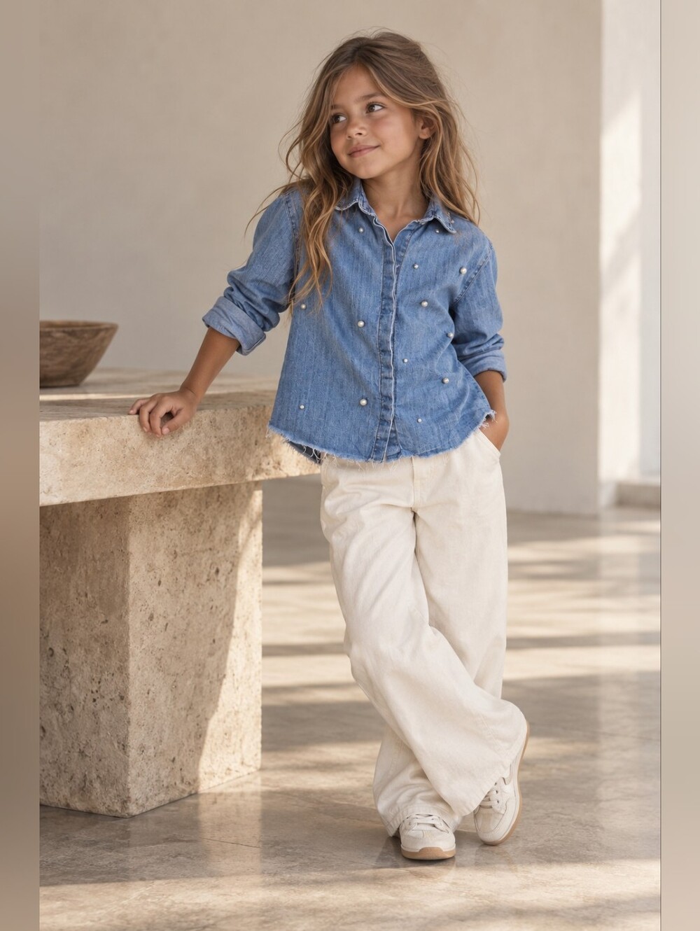 Zara Girls Denim Pearl Shirt Size 7 Blue Chambray Raw Hem Western Y2K